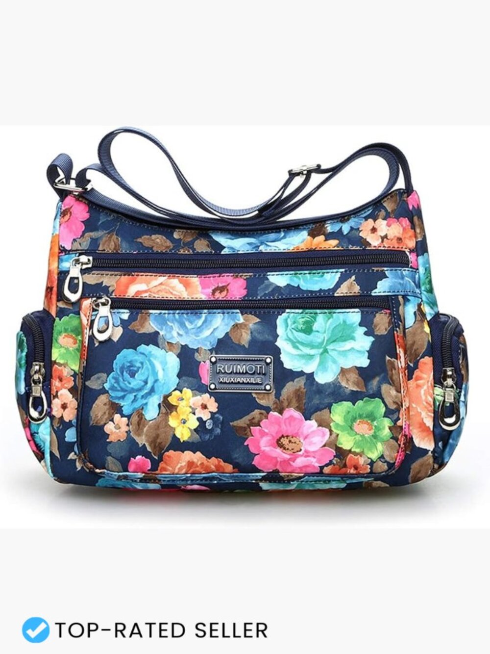 Nylon Crossbody Bag Multi-Pocket Floral Print Lightweight Adjustable Strap